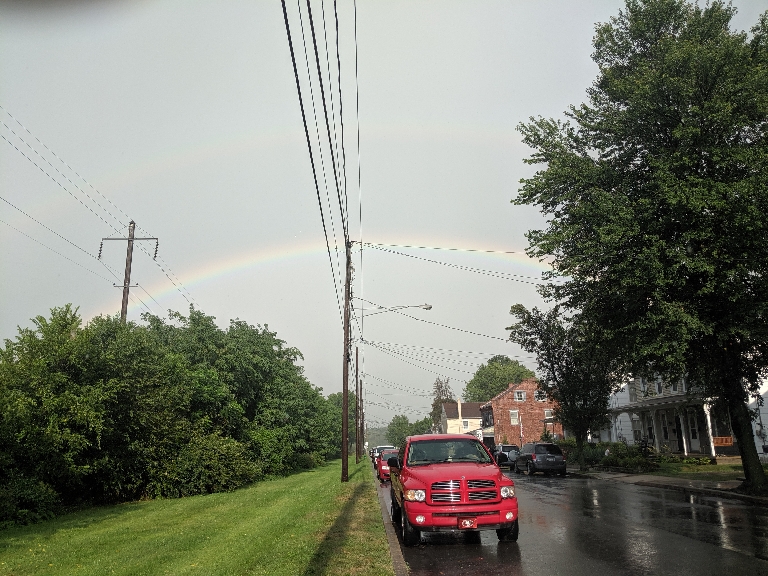 Here's a photo of a double rainbow over a street someplace in Mount Joy.