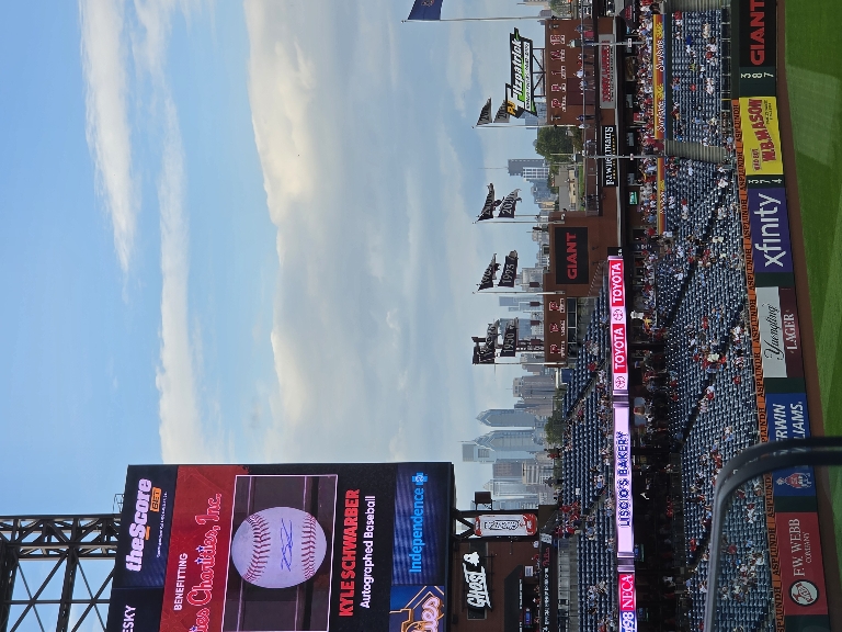 Here is a picture of the stadium at Citizens Bank Park. The city skyline is clearly visible with the clear skies.
