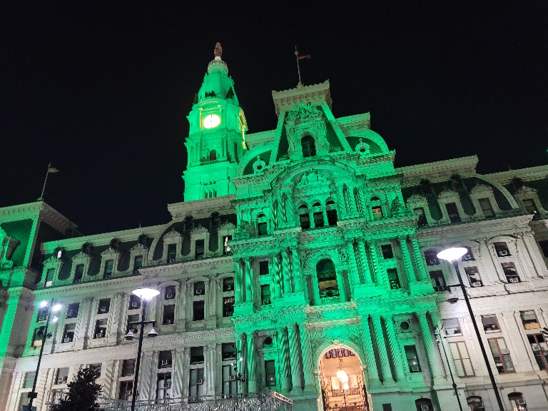 This picture shows Philadelphia's city hall illuminated at night in green lights from next week's Eagles Superbowl.