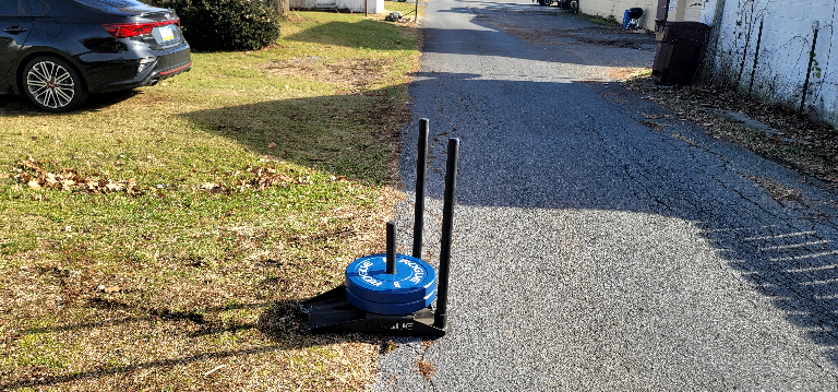 This is a picture of our black Rogue Slice Sled in the grass at the edge of a road. It has two blue 45 pound bumper plates on it. The shadows are long and leaves are on the ground.