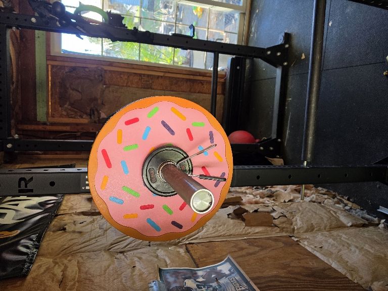 This picture a barbell with bumper plates on it. There are green 25 pounds ones, pink 10 pound doughnut printed ones and smaller 2.5 pound black change plates.