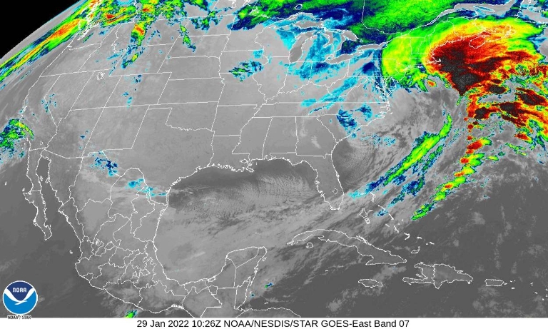 This is image is a infrared satellite image of the coastal storm off the US east coast on January 29th 2022.