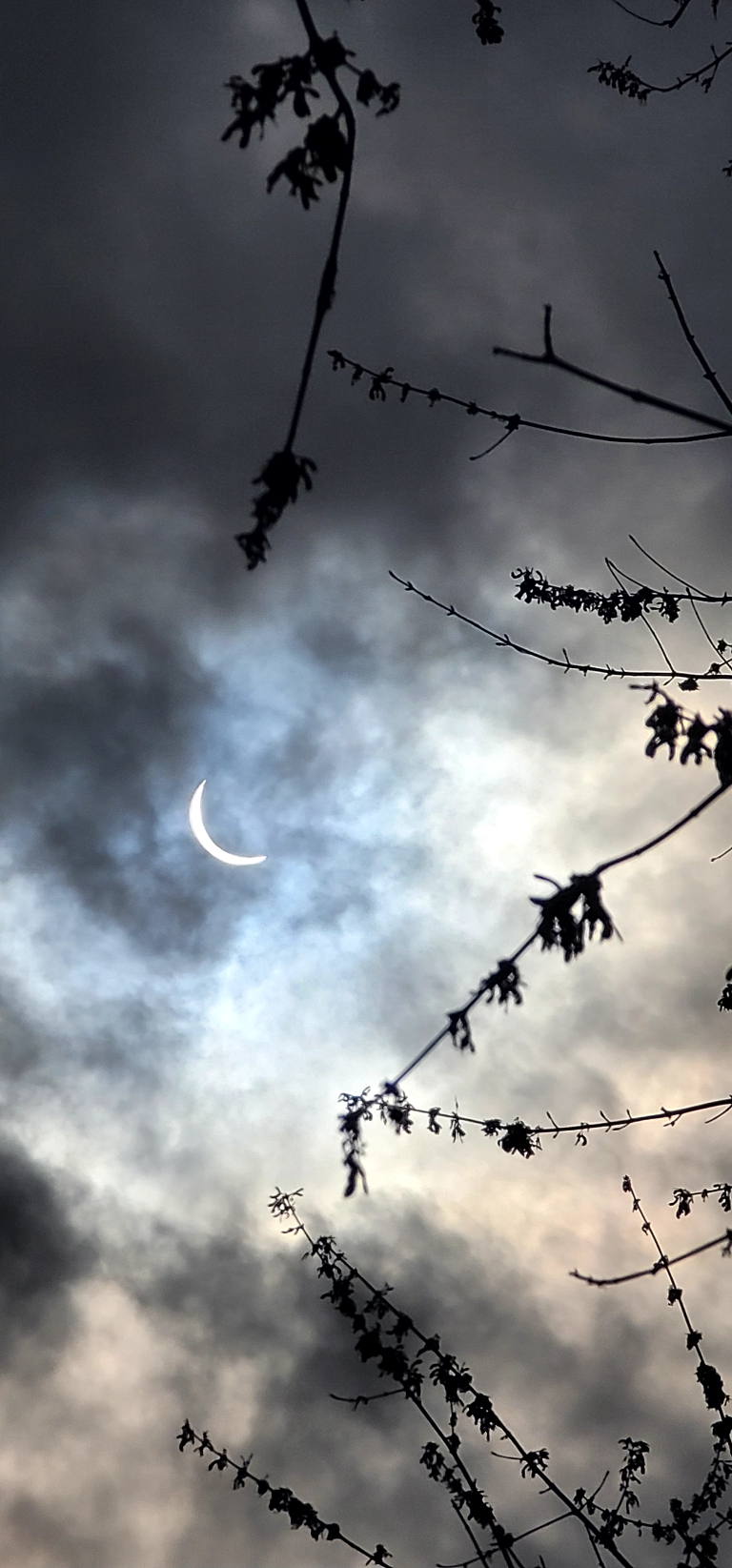 This picture shows a break in the clouds with a 90 something percent solar eclipse...