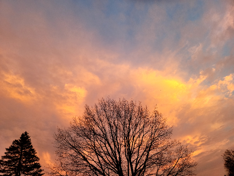 The clouds are a fiery orange during sunrise in this picture. There are also some yellow patches. These clouds were to the east of us instead of into the sunset