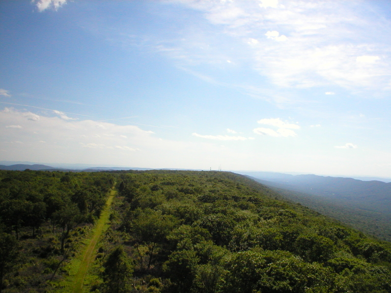 This picture shows a somewhat hazy view from up on the fire tower. There are mountains and valleys in the background.
