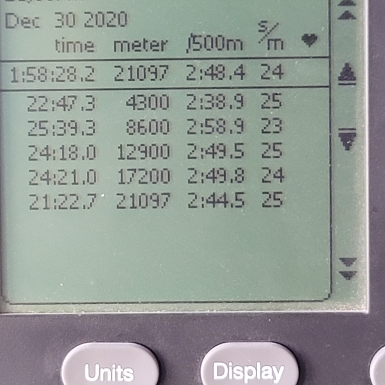 Concept2 PM5 with the results from my 2020 half marathon row