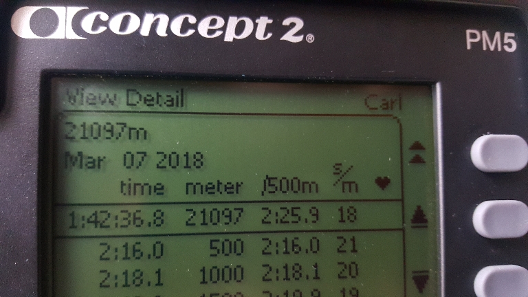 Concept2 PM5 screen showing my half marathon row results.