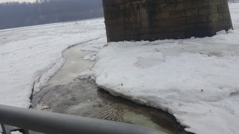 This photo shows ice under Shocks Mill bridge.