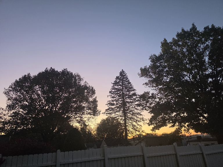 Here is a photo of slightly pink to purple to blue skies a bit before sunrise.