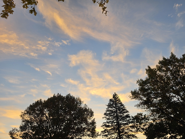 Here is a photo of slightly pinkish-orange clouds with the blue sky around them.