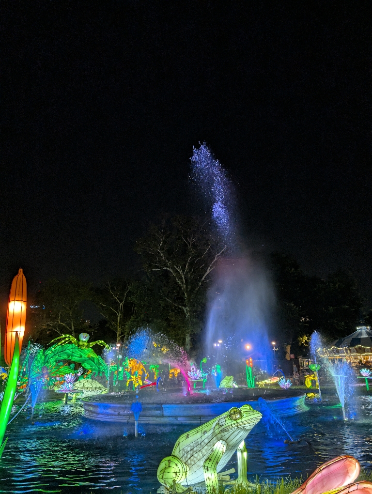 This picture shows a Bright Green illuminated frog in front of the illuminated fountain.