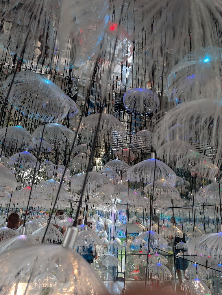This is a photo from inside of a jelly fish room There were tons of translucent fake jelly fish hanging in there.