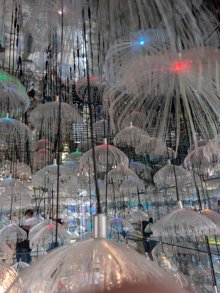 This is a photo from inside of a jelly fish room There were tons of translucent fake jelly fish hanging in there.