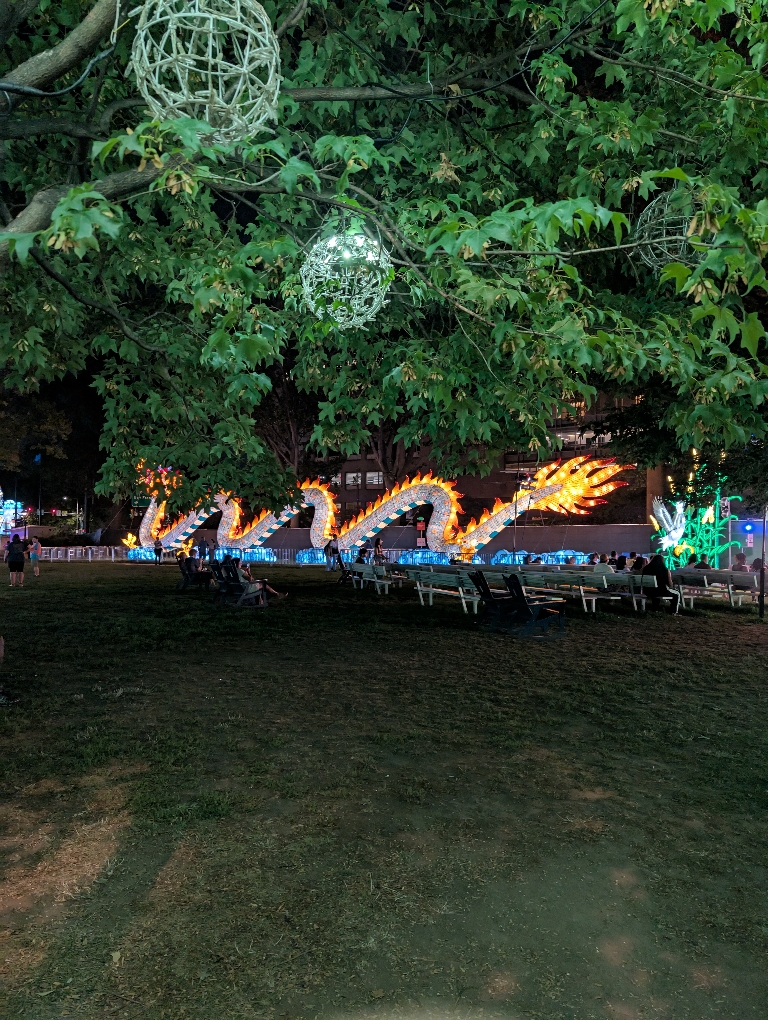 This is a picture of an illuminated multicolored dragon. It also could be a snake.