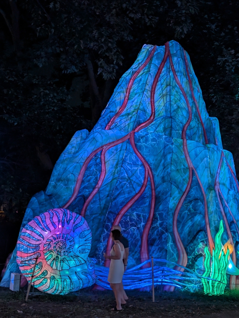 This is a photo of  the large volcano in the dark. The Mountain is lit up bluish gray and has dim red lava coming down the sides.