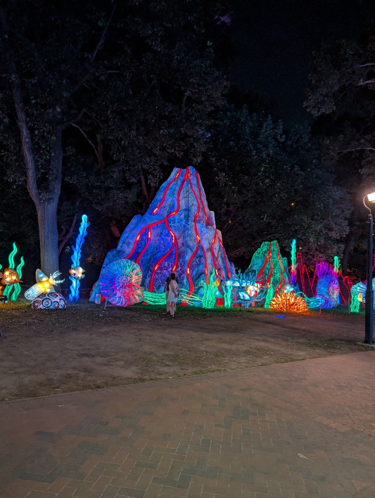 This is a photo of  the large volcano in the dark. The Mountain is lit up bluish gray and has dim red lava coming down the sides. You can also clearly see the rainbow colored illuminated    snail.