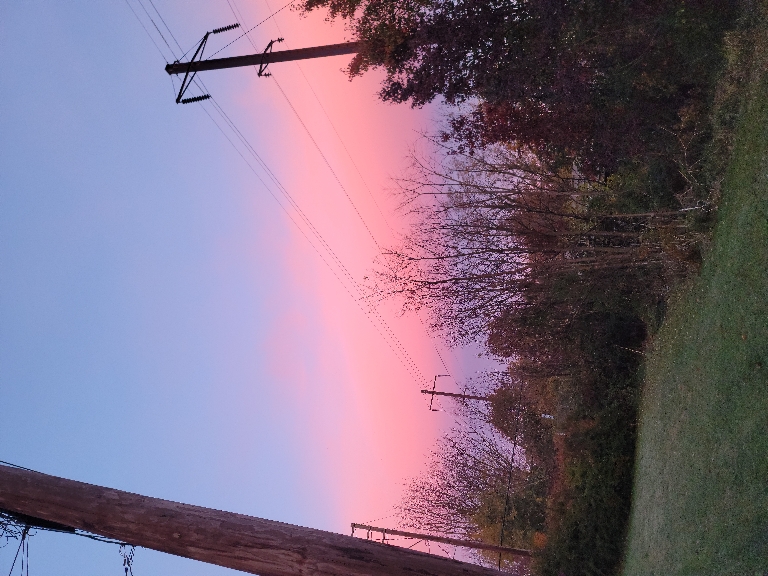 This picture shows some bright pinks clouds in the sky around sunrise. There are also wires and telephone poles in it unfortunate.