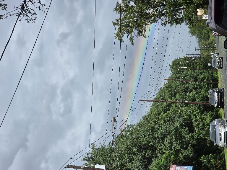 This picture shows a rainbow nearly perfectly aligned with wires from a departing thunderstorm.