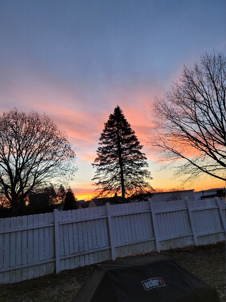 This picture is of a sunrise. The clouds are pink up above with more of an orange right near the horizon.
