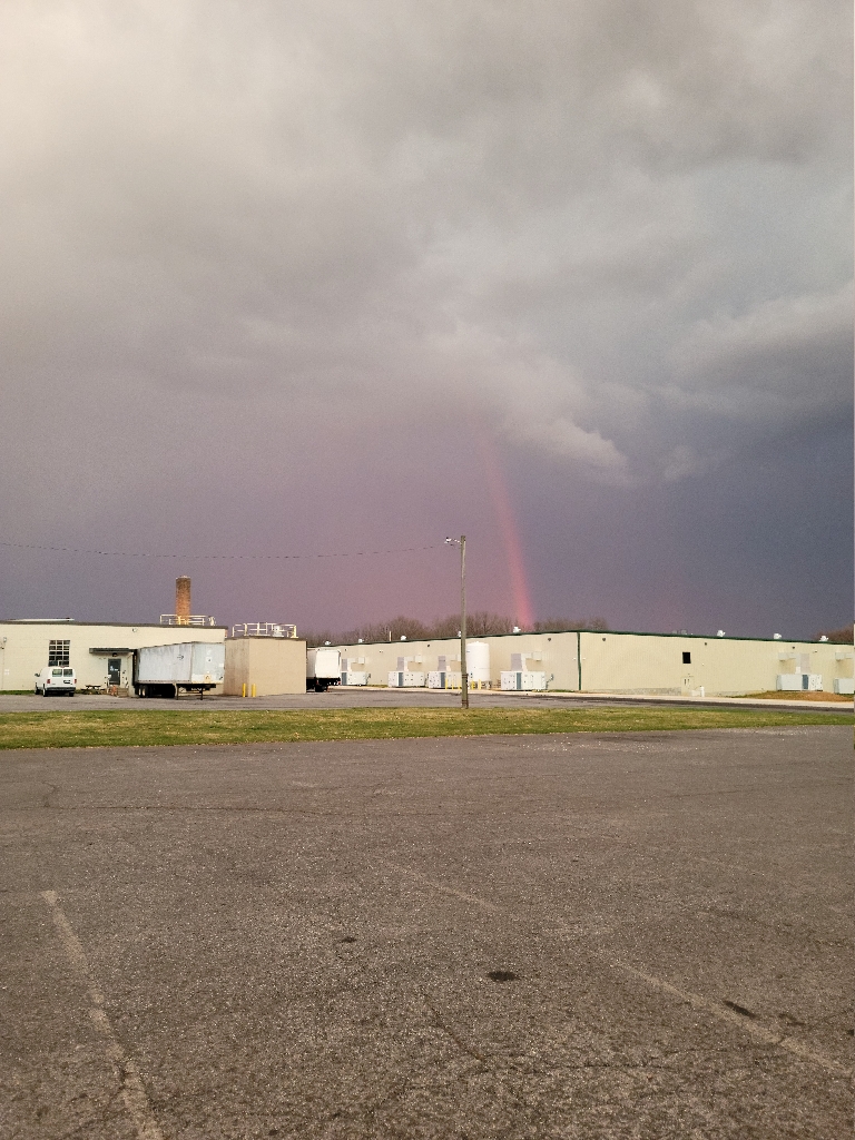 This is a picture of a rainbow that was bright but it's basically only red because it was at or just after sunset.