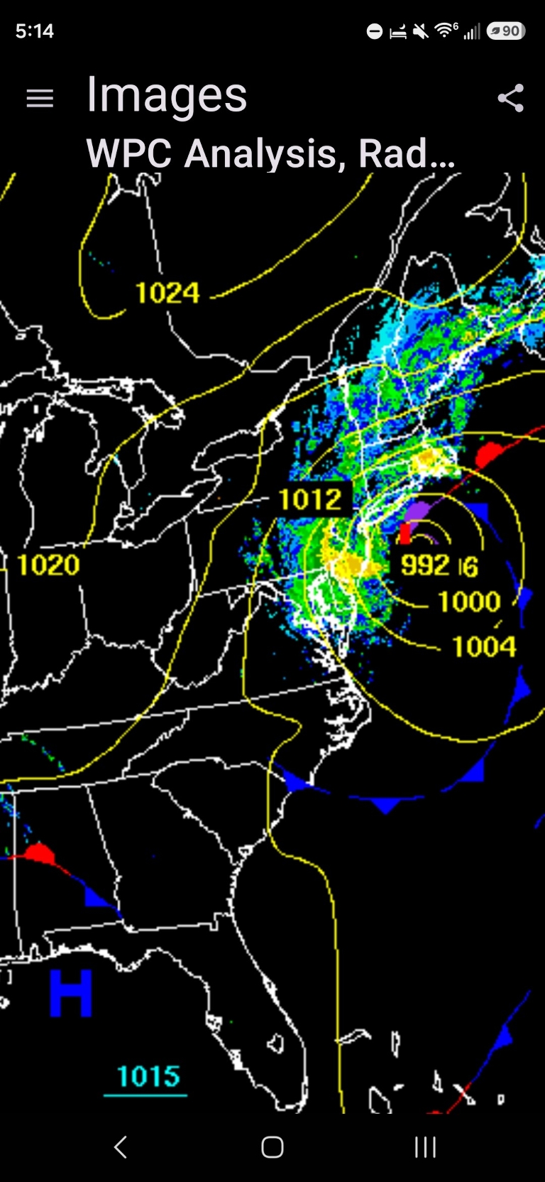 This picture is a screenshot. It depicts the surface fronts and weather for a nor'easter off the New Jersey coast.