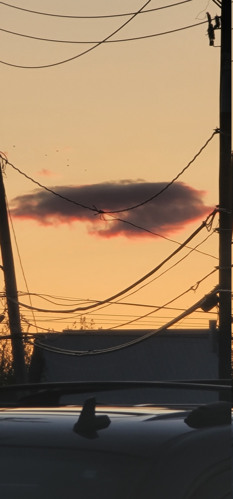 This picture shows a small lone cloud that is dark but the bottom perimeter is orange from the sunset