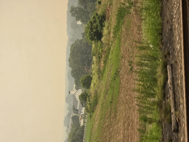 This picture shows hills and fields in the background shrouded in a thick haze from the wildfire smoke.