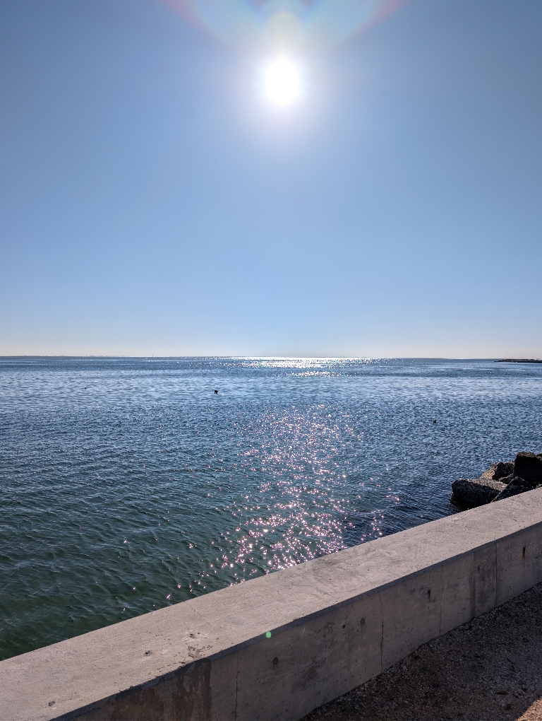 This picture shows the sun over and reflecting from the water on Tampa Bay.