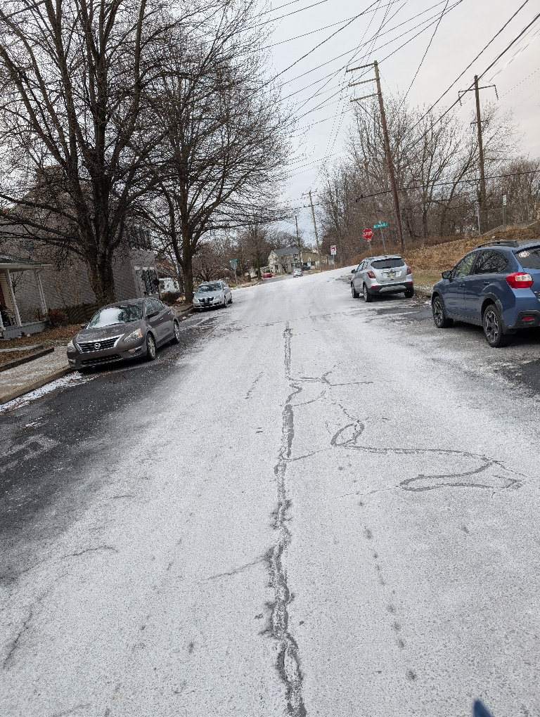This picture shows a very white street due to the amount of salt on it.