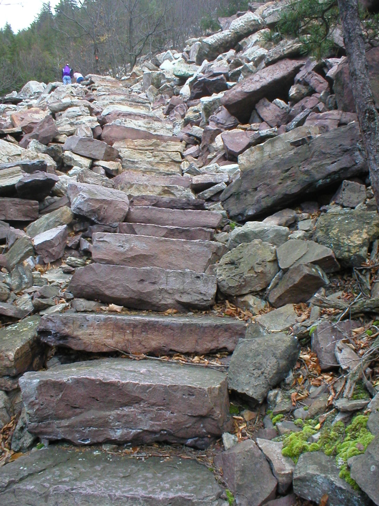 A photo showing rocks laid along a trail up to the mountain to form makeshift stairs.