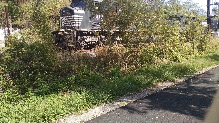 This picture shows an engine of a freight train as it's passing by on the tracks just off a biking/hiking trail.