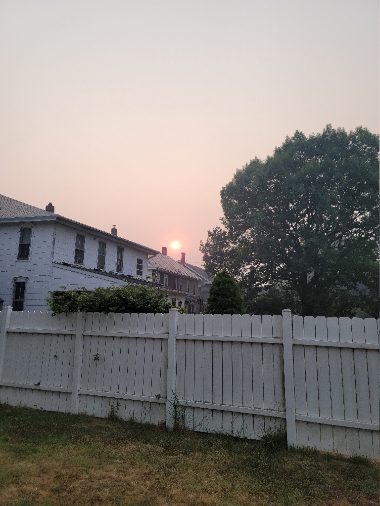 This The sun in the sky above a house. The sun is very hazy and orange in color due to the wildfire smoke in the atmosphere.