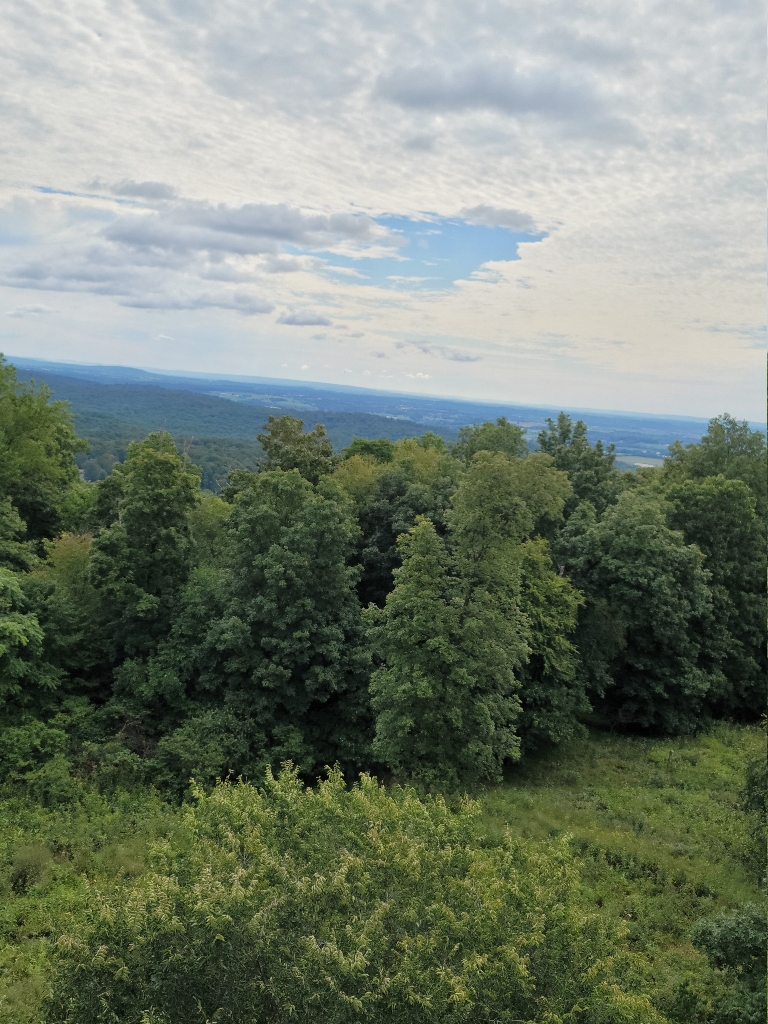 This is a picture of the very clear view of the hills off in the distance from the top of Governor Dick Tower.
