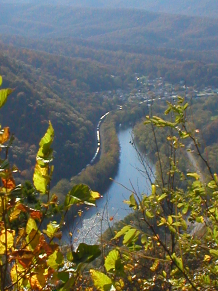 A photo of the valley below from the top of a mountain. It shows the autumn colored leaves and river below, with a train on the tracks across the river.