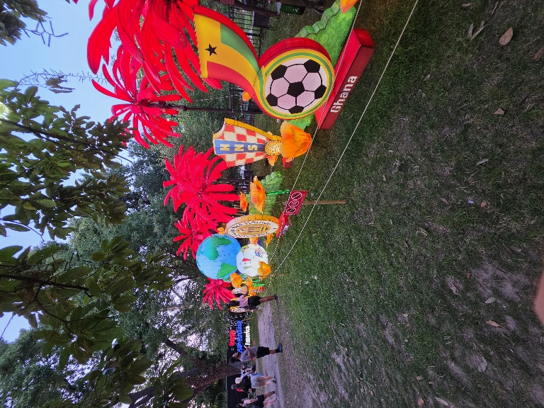 This photo shows illuminated soccer balls and other soccer things since the World Cup was here.